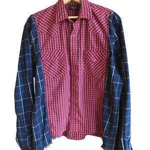 Upcycled Plaid Western Shirt, M to L: Oversized Mixed Print Top, Snaps Fringe